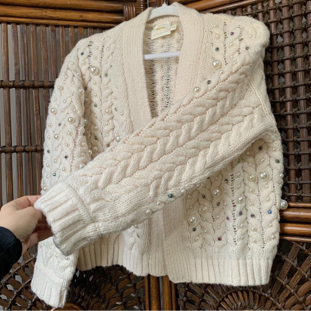 Maeve Anthropologie Party Pearl Embellished Knit Open Cardigan - Picture 6 of 16